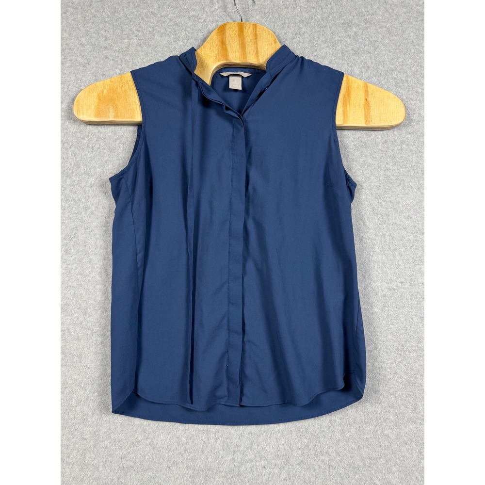 H&M Sleeveless Blouse Womens 8 Blue Hidden Button Stand Collar Pleated